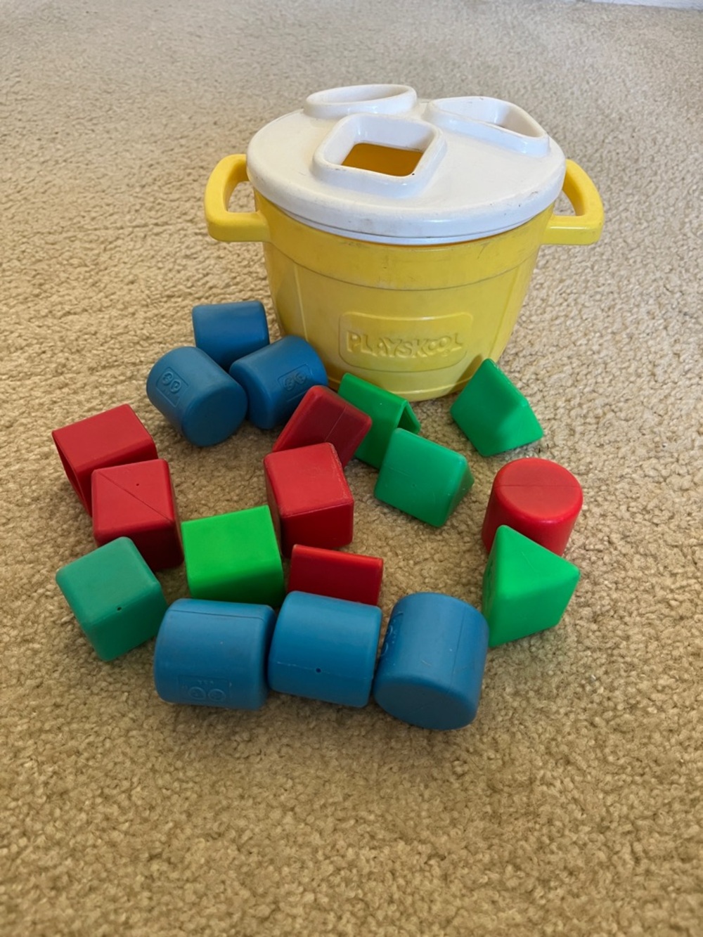 Vintage Playskool Shape Sorter Bucket with Red, Green & Blue Shapes